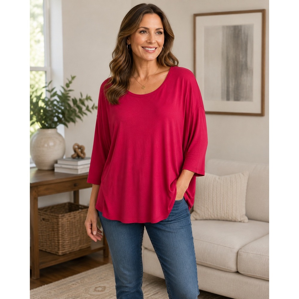 L.L.Bean 1X Supima Cotton Pink 3/4 Sleeve Boat Neck Top Plus Size Casual Tee